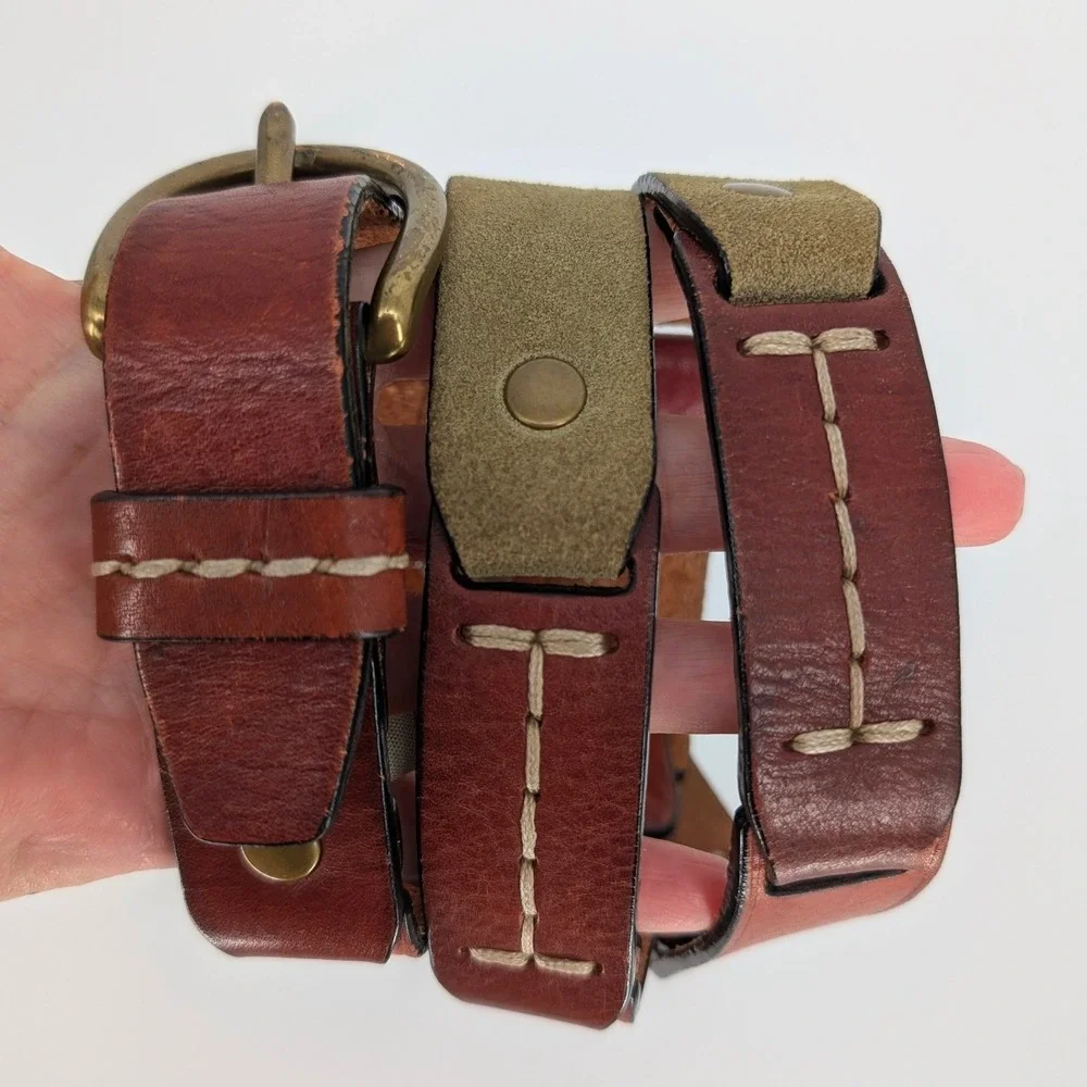 VTG Fossil Leather Belt Women M Brown Patchwork Suede Stitch Brass Buckle Boho